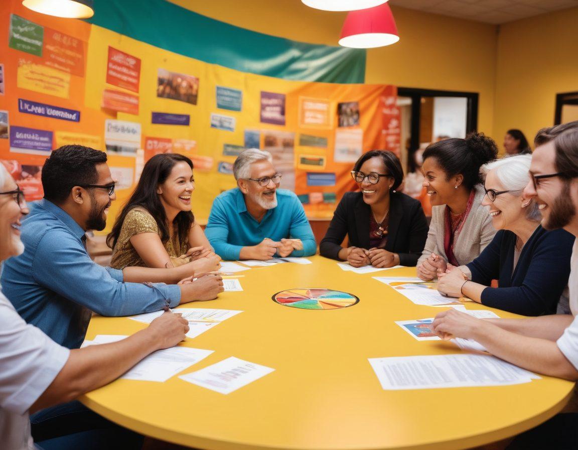 A diverse group of people, joyfully engaged in a vibrant community meeting, exchanging ideas around a large round table. In the background, colorful banners highlight membership benefits and networking opportunities. The scene radiates inclusivity and collaboration, with warm lighting that invites participation. Super-realistic. Vibrant colors. Soft focus.