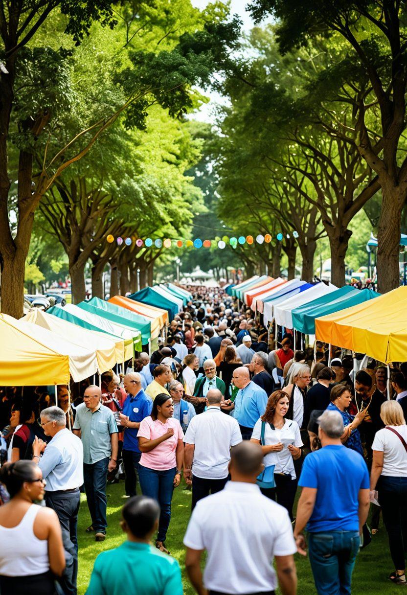 A vibrant community event scene showcasing a diverse group of people engaged in networking activities, surrounded by colorful booths representing local chapters. Include elements like name tags, friendly conversations, brochures, and a backdrop of a community park. Capture the energy of connection and collaboration among participants. super-realistic. vibrant colors. 3D.