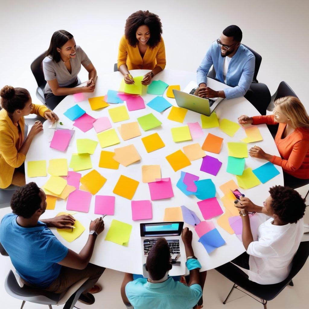 A diverse group of people engaged in a lively brainstorming session around a large round table, showcasing a vibrant atmosphere. Include colorful sticky notes, laptops, and coffee mugs scattered around, symbolizing collaboration and creativity. Diverse individuals of different ages and backgrounds should be smiling and animated, reflecting a dynamic membership network. Bright, warm lighting to inspire positivity and energy. super-realistic. vibrant colors. white background.